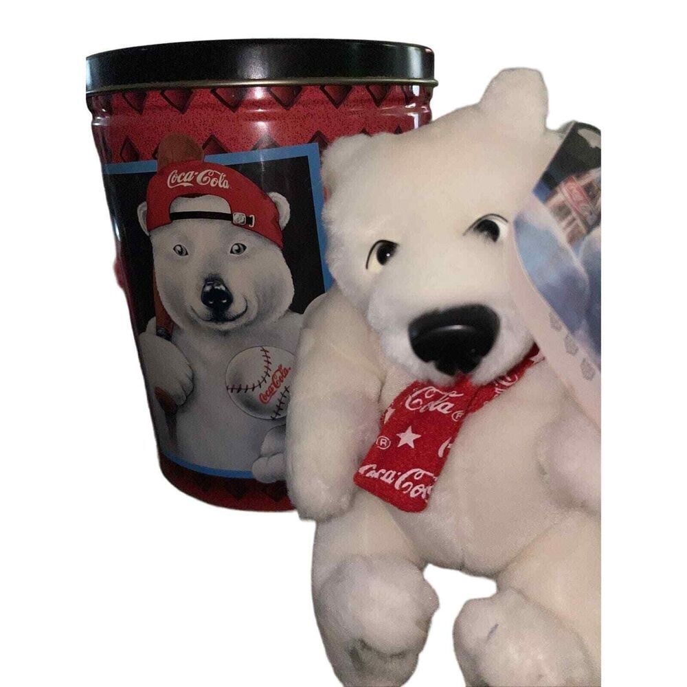 1997 Coca Cola Polar‎ Bear Plush Bottle & Polar Bear Baseball Tin Lot Red Black